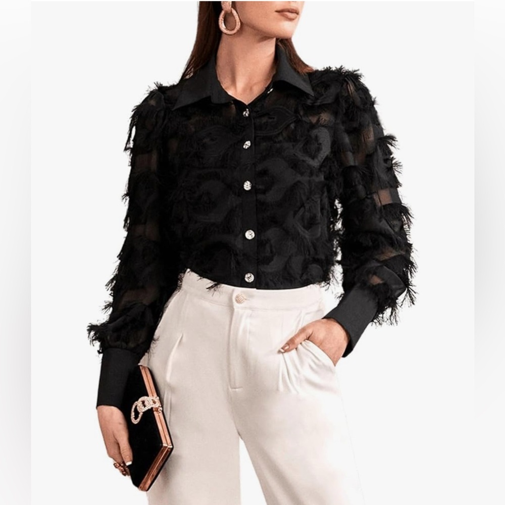 Verdusa Women's Fuzzy Rhinestone Long Sleeve Button Up Shirt Blouse Top